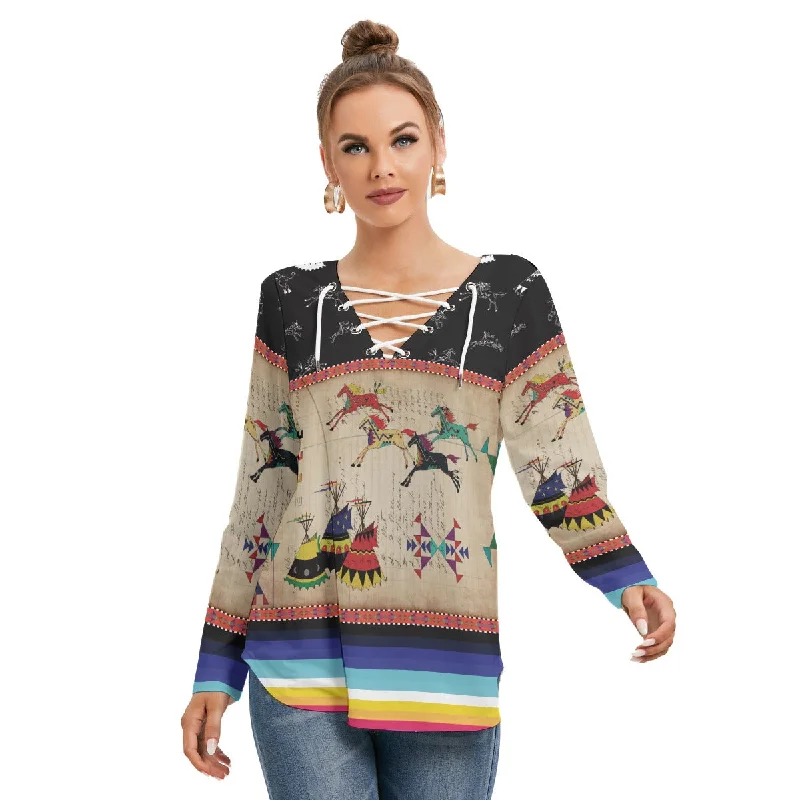 Horses Running Black Sky Women's Long Sleeve Neckline Tie Sweatshirt Casual Hoodie Style Horses Running Black Sky Women's Long Sleeve Neckline Tie Sweatshirt Casual Hoodie Style
