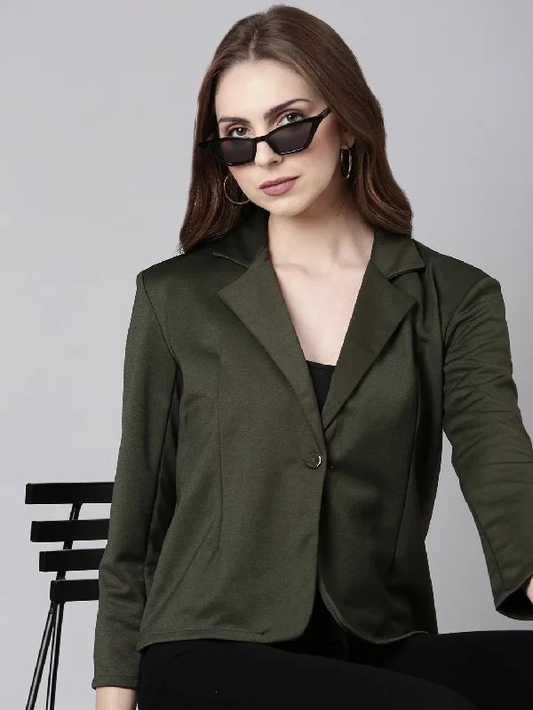 Women Olive Solid Single Breasted Blazer
