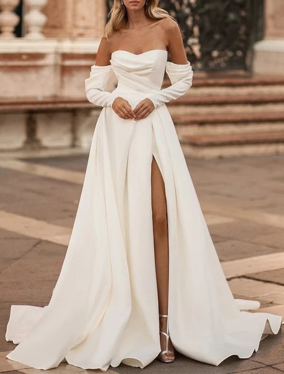 Hall Simple Wedding Dresses A-Line Off Shoulder Long Sleeve Court Train Satin Bridal Gowns With Split Front Solid Color Glitter Wedding Dress Hall Simple Wedding Dresses A-Line Off Shoulder Long Sleeve Court Train Satin Bridal Gowns With Split Front Solid Color Glitter Wedding Dress