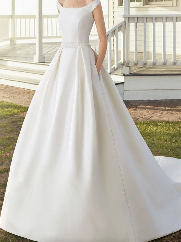 Vintage Wedding Dresses With Train Designed Neckline Sleeveless Buttons Satin Fabric Bridal Gowns Ruffle Wedding Gown
