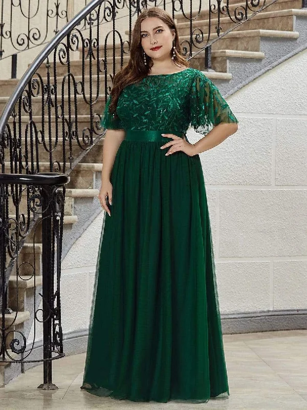 Plus Size Women's Embroidery Evening Dresses with Short Sleeve Flowy party dresses