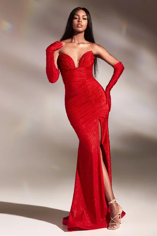 Strapless Glitter Stretch Slit Gown with Gloves By Ladivine CD889 - Women Evening Formal Gown - Special Occasion Fashion Nova party dresses