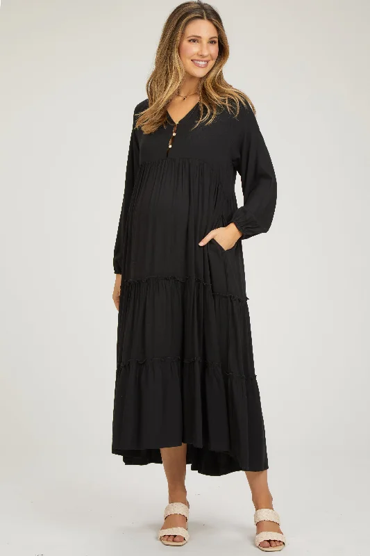 Black Button Front V-Neck Ruffle Tiered Maternity Midi Dress Women's trendy midi dresses sale Black Button Front V-Neck Ruffle Tiered Maternity Midi Dress Women's trendy midi dresses sale