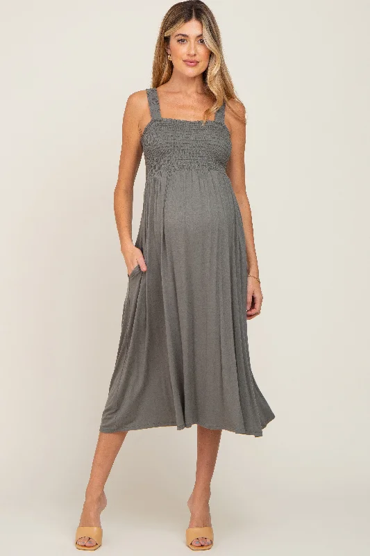 Olive Smocked Ruffle Strap Maternity Midi Dress Glamorous midi dresses