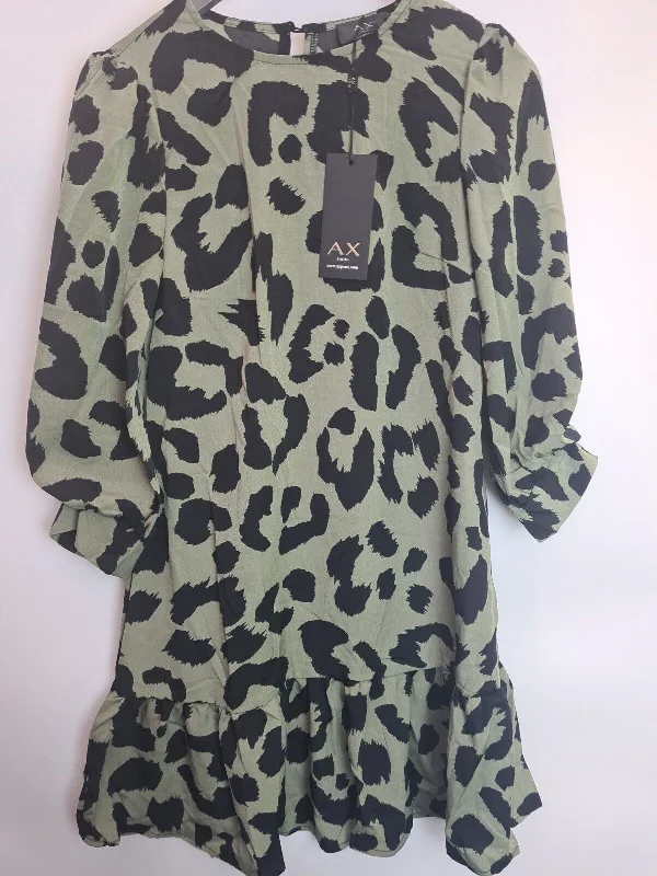 AX Paris Khaki Animal Frill Hem Shift Dress Size 6 **** V35 Silk unclassified dresses