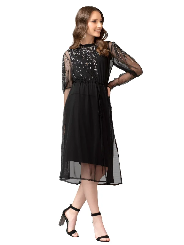 Bianco Nero Studded Puff Sleeve Overlay Dress Spring unclassified dresses