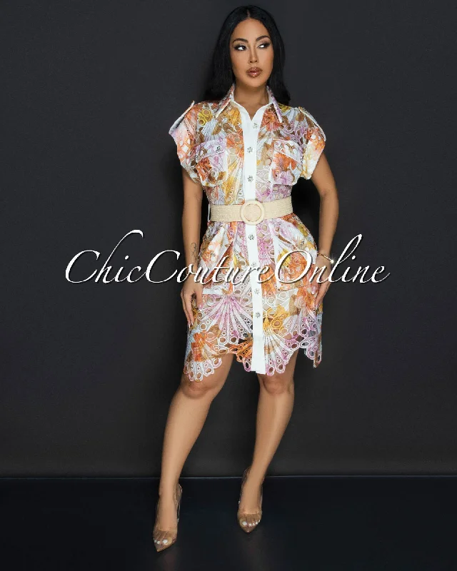 Luminous Multi-Color Print Crochet Belted Dress Club unclassified dresses