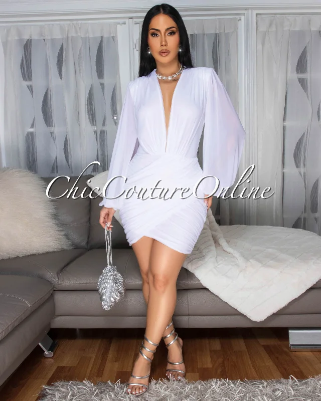 Stephen White Deep-V Mesh Ruched Dress Satin unclassified dresses