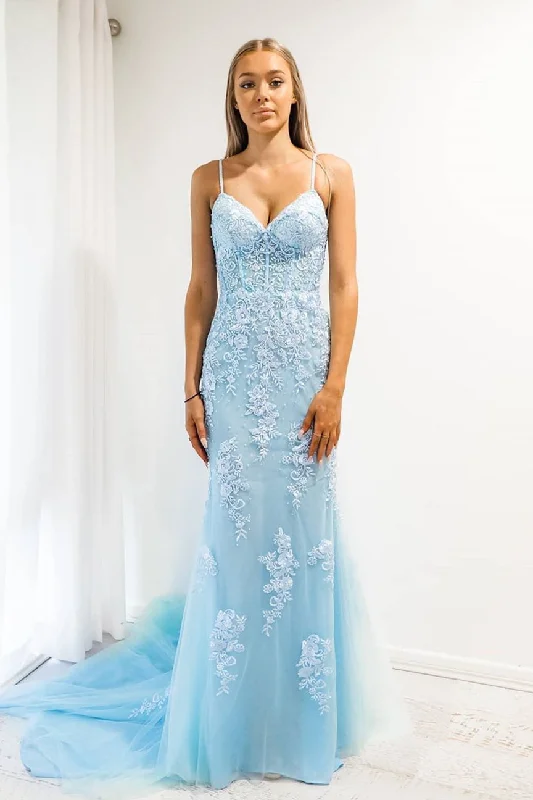 Baby Blue Mermaid Spaghetti Strap Prom Dress with Lace Lace Dress Lace
