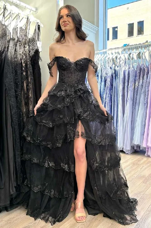 Black Off the Shoulder Lace Applique High Slit Tiered Prom Dress Lace Dress Design