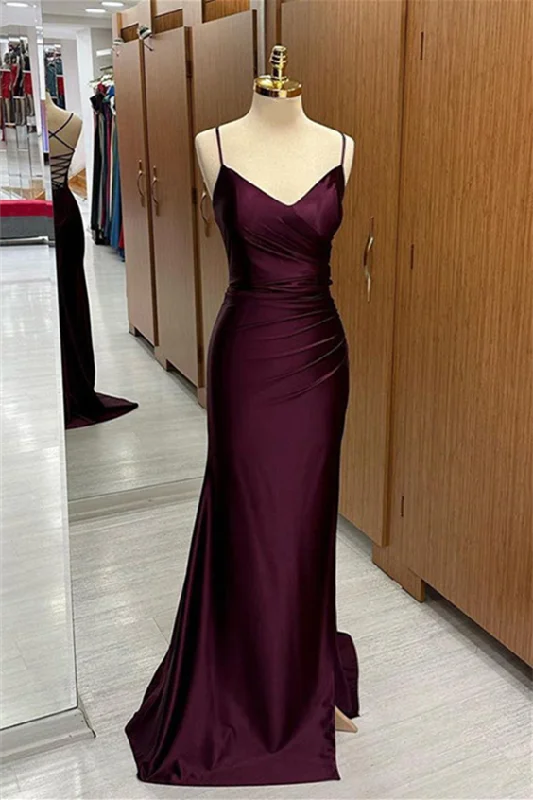 Cabernet Satin V Neck Lace-Up Back Pleated Long Prom Dress with Silt Lace A-line Dress