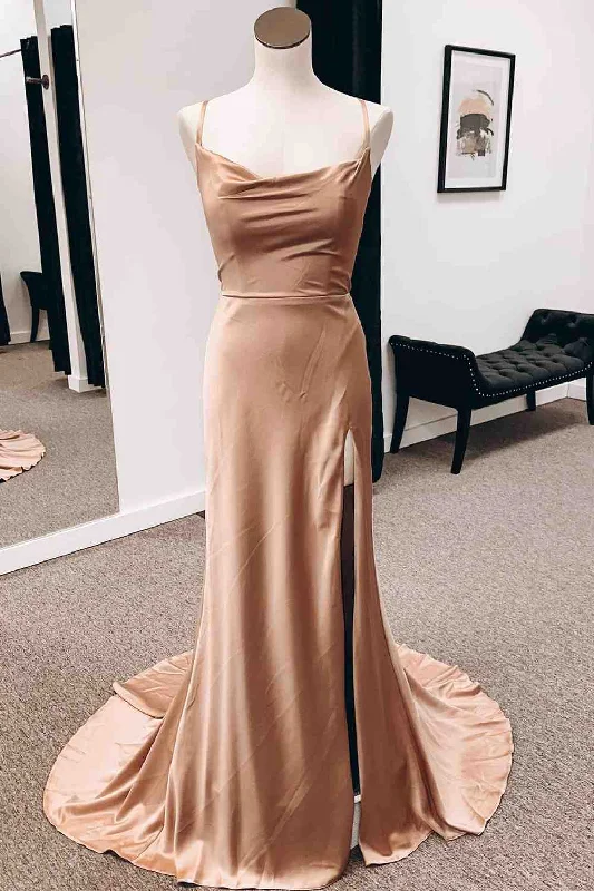 Champagne Cowl Neck Mermiad Satin Lace-Up Back Slit Long Prom Dress White Lace Dress