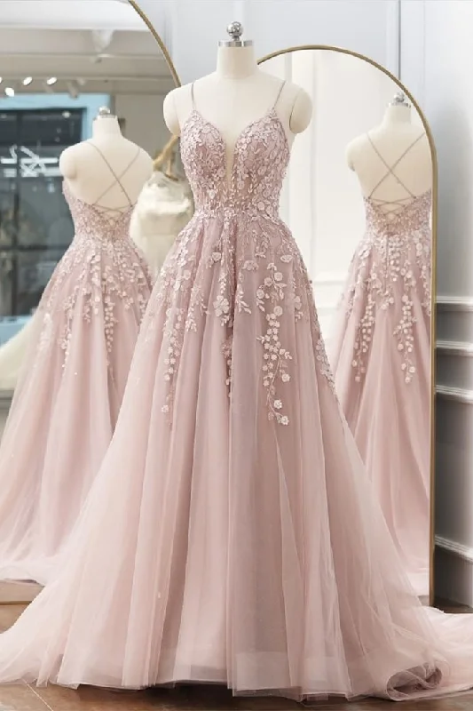 Tie Back Pink Lace A-Line Formal Dress with Appliques Lace Dress for Weddings