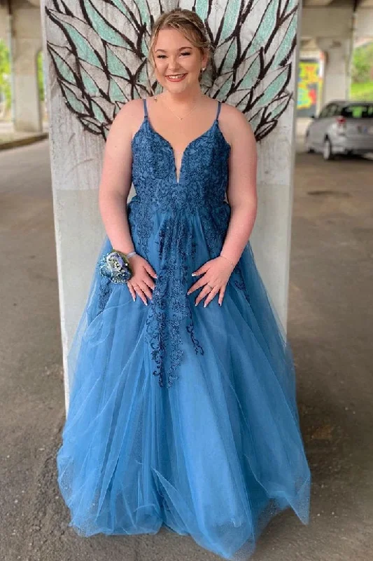 Elegant A-line Blue Long Prom Dress with Lace appliques Lace Overlay Dress