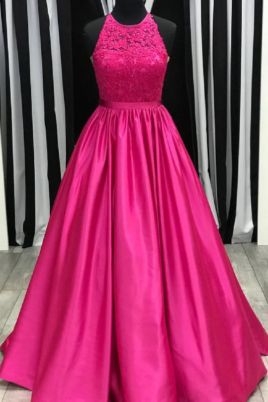 Elegant A-Line Beaded Lace Appliques Fuchsia Long Prom Dress Simple Lace Dress