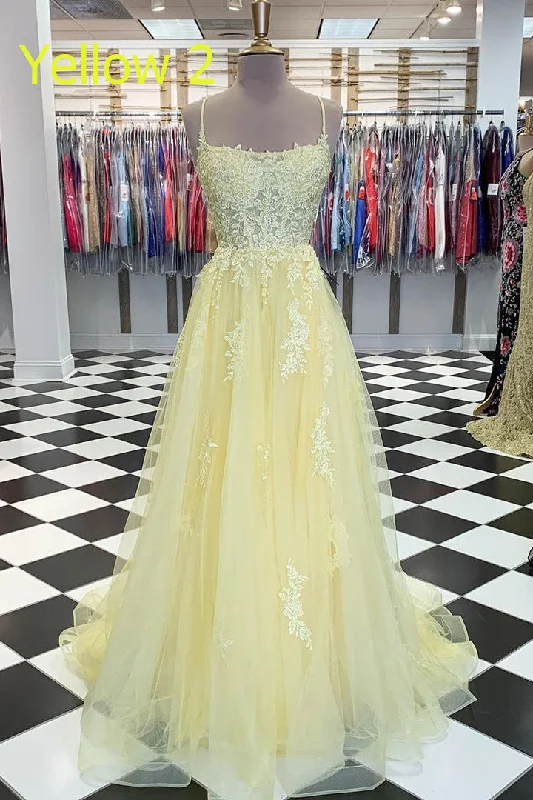Elegant Straps Yellow Long Prom Dress with Lace Appliques Flowy Lace Dress