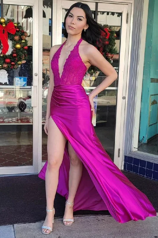 Fuchsia  Lace Applique Satin High Slit Mermaid Dress Floral Lace Dress