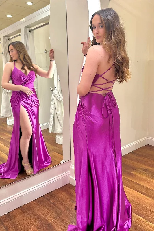 Fuchsia Pleated V Neck Lace-Up Back Faux-Wrap Long Prom Dress with Slit Chic Lace Dress