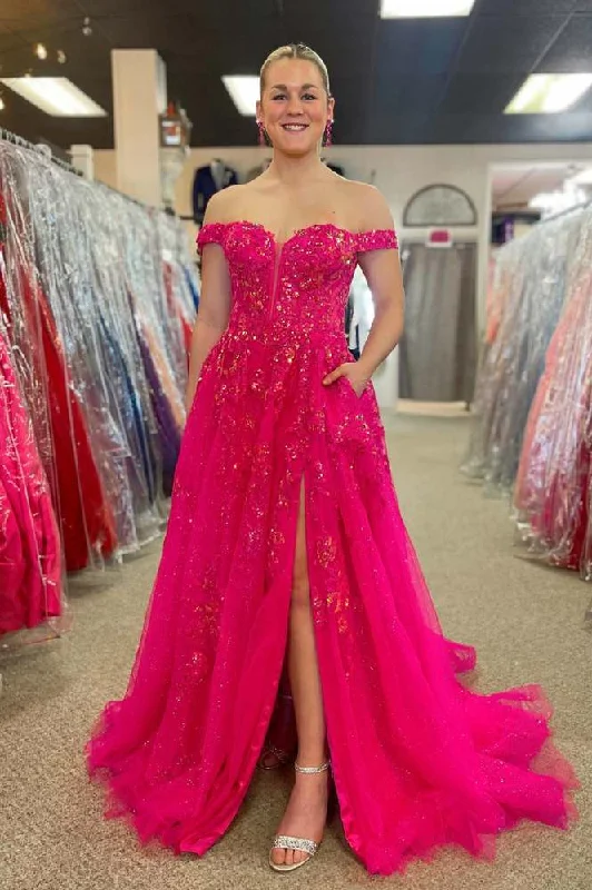 Hot Pink Off-the-shoulder Sweep Lace Dress with Appliques Pink Lace Dress