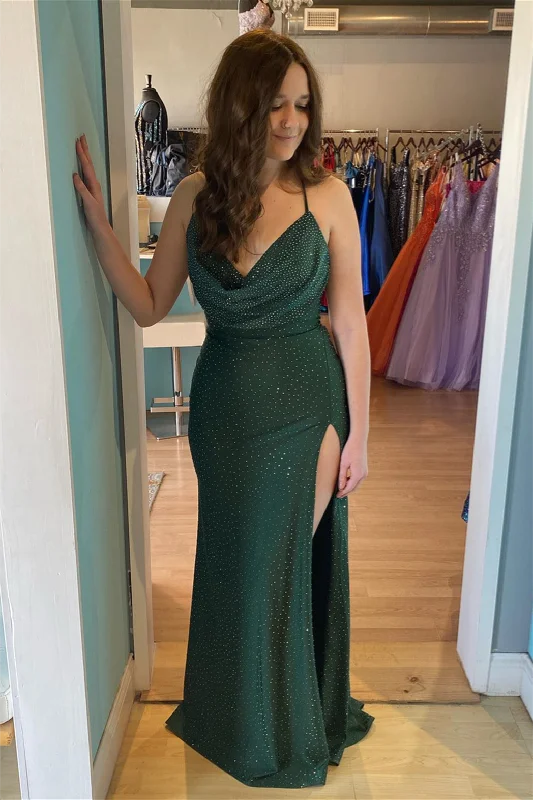 Hunter Green  Cowl Neck Lace-Up Long Prom Dress with Rhinestones Lace Midi Dress