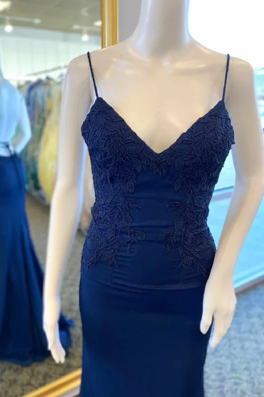 Lace Top Navy Blue V-Neck Mermaid Long Prom Dress Off-shoulder Lace Dress