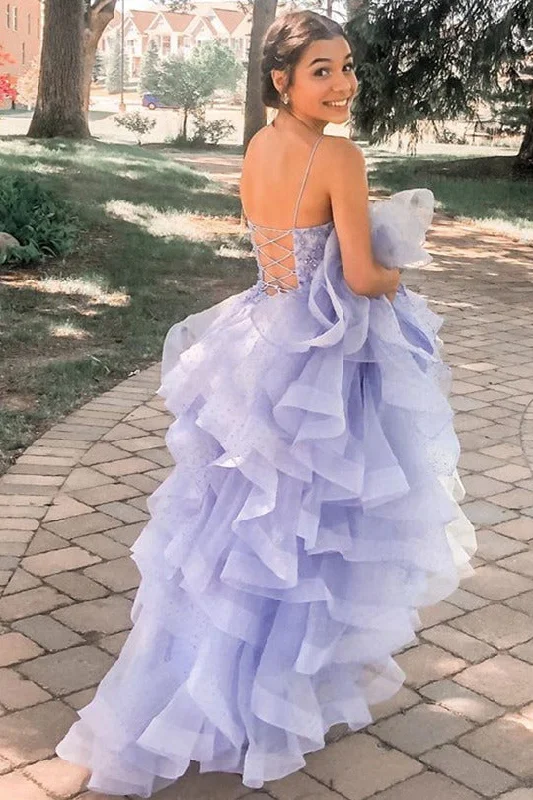 Lace-Up Back Lavender Long Prom Dress with Cascading Ruffles Sleeveless Lace Dress