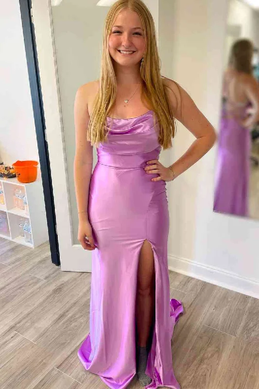 Lace-Up Cowl Neck Lilac Satin Long Prom Dress Long Sleeve Lace Dress