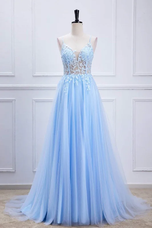 Lace-Up Light Blue Sheer Corset A-Line Formal Dress Blue Lace Dress