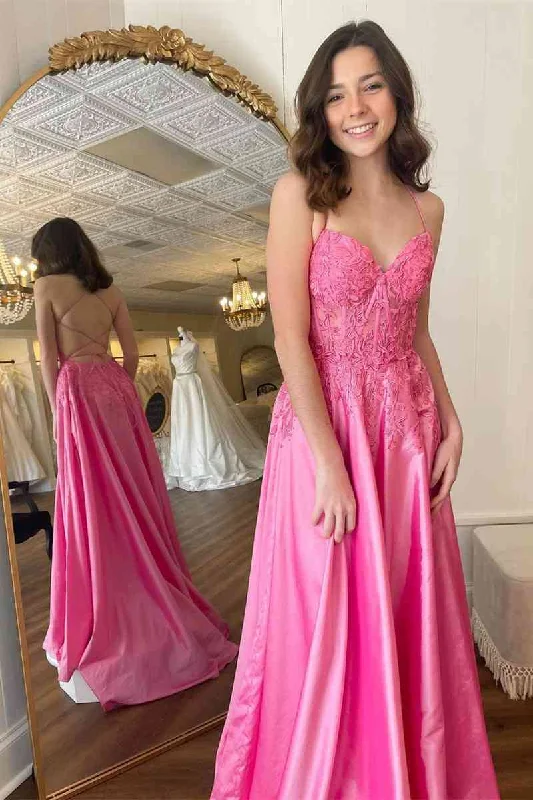 Lace-Up Long Hot Pink A-Line Prom Dress with Appliques Lace Dress Set