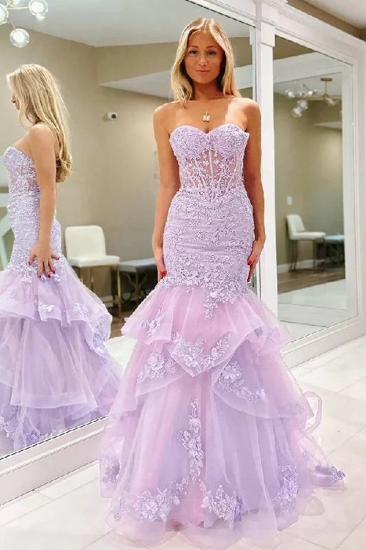 Lavender Lace Applique Ruffle Beaded Mermaid Prom Dress Lace Dress Casual