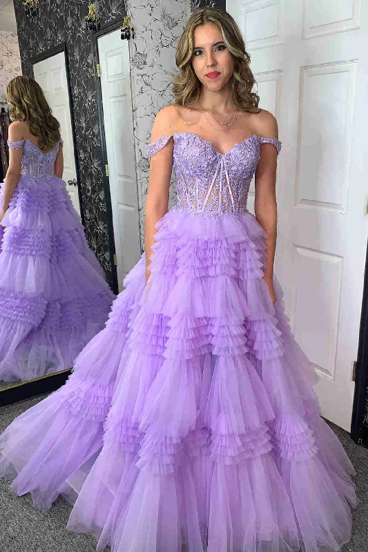 Lavender Off the Shoulder Lace Corset Ruffle Prom Dress Lace Dress Look