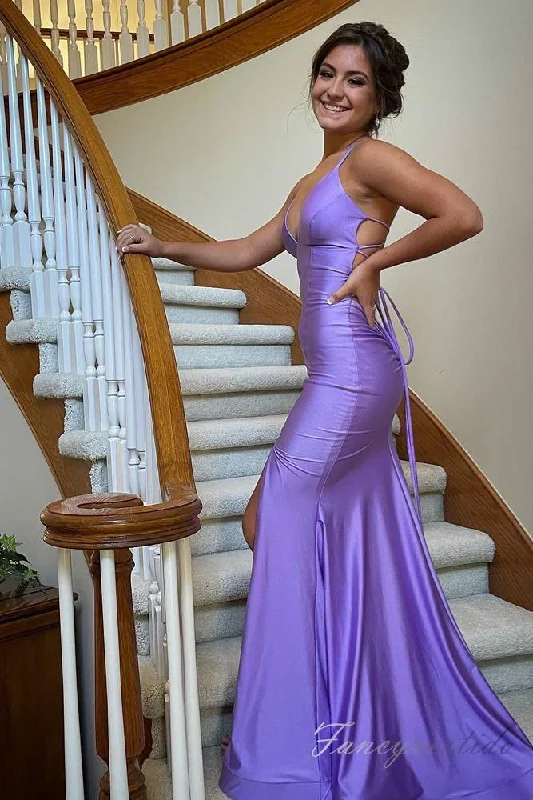 Lilac Straps Sheath Mermaid Prom Dress with Lace-up Back Tiered Lace Gown
