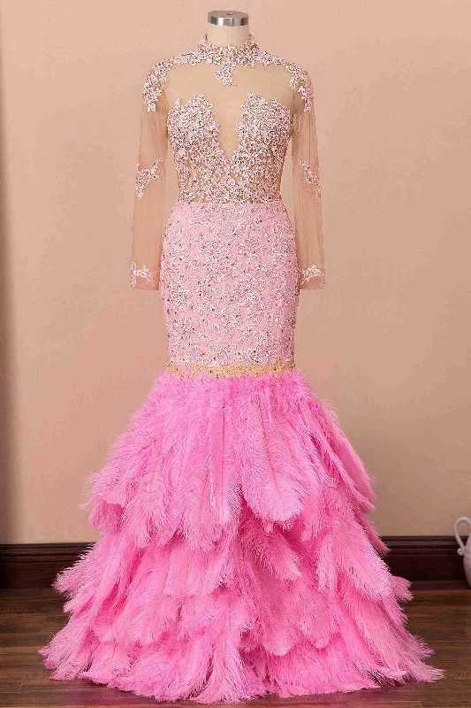 Mermaid Illusion Neck Pink Lace Prom Dress with Fur Lace Bridesmaid Gown