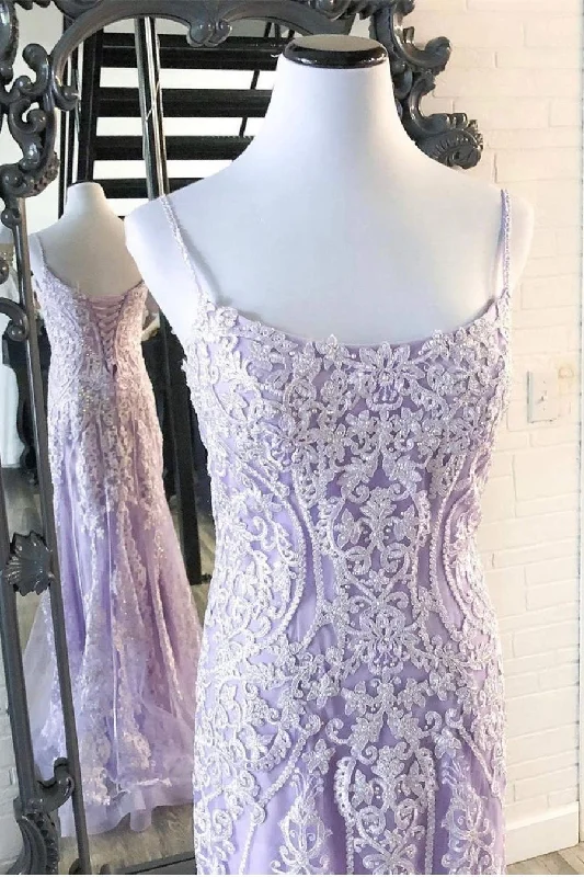Mermaid Spaghetti Straps Lavender Lace Long Prom Dress Lace Dress Perfect
