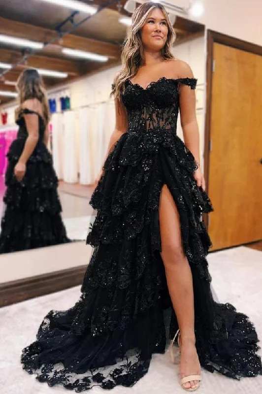 Off the Shoulder Black Lace Applique Tiered Prom Dress Lace Dress Trend