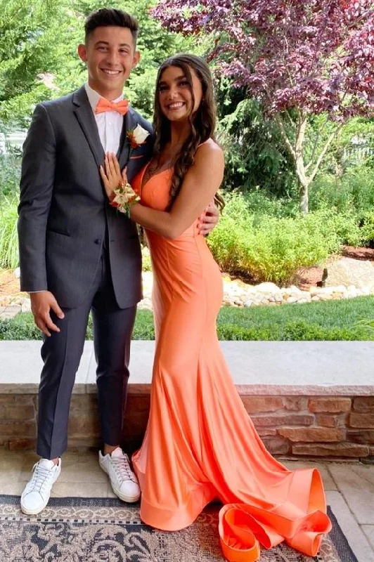 Orange Satin Mermaid Prom Dress with Lace-up Lace Shift Dress