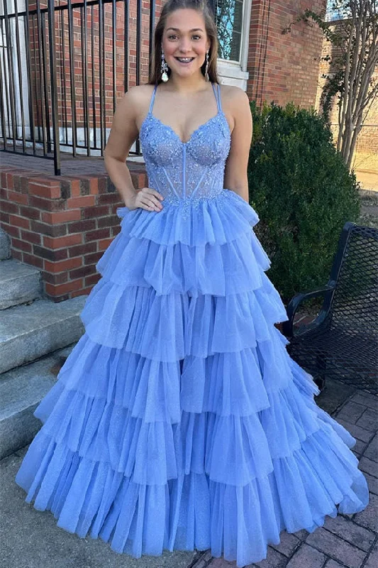 Periwinkle Double Straps Lace Corset Layered Prom Dress Lace Dress Bohemian