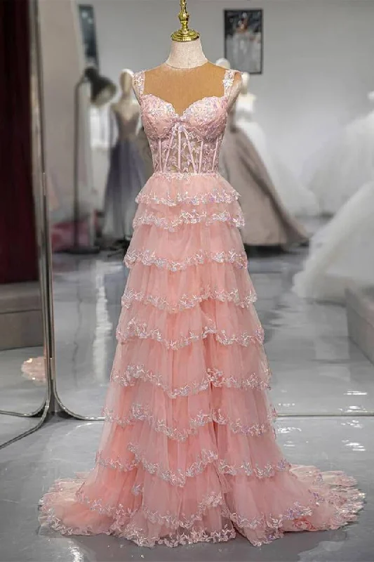 Pink Sweetheart A-Line Layered Lace Long Dress with Appliques Elegant Lace Gown