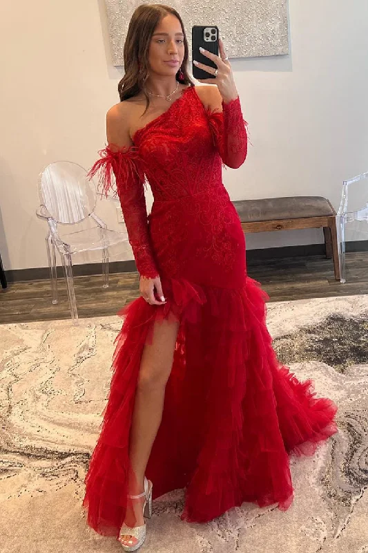 Red One Shoulder Lace Mermaid Tiered Prom Dress with Detachable Sleeves Sexy Lace Gown