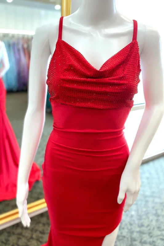 Red Satin Cowl Neck Beaded Lace-Up Mermaid Prom Dress with Slit Lace Bodycon Dress