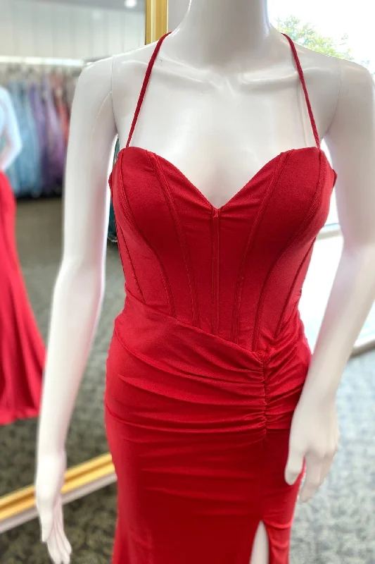 Red Satin Lace-Up Pleated Long Prom Dress with Slit Lace Party Dress