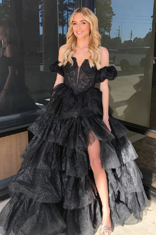 Sexy Sweetheart Black A-Line Lace Layered Dress with Slit Lace Dress Glam
