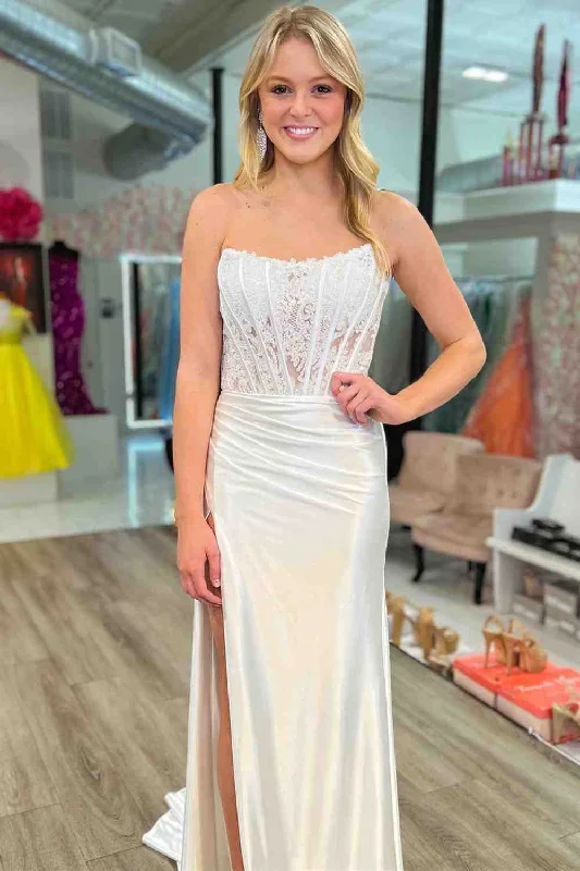 Strapless Ivory Slit Mermaid Prom Dress with Sheer Lace Top Black Lace Dress