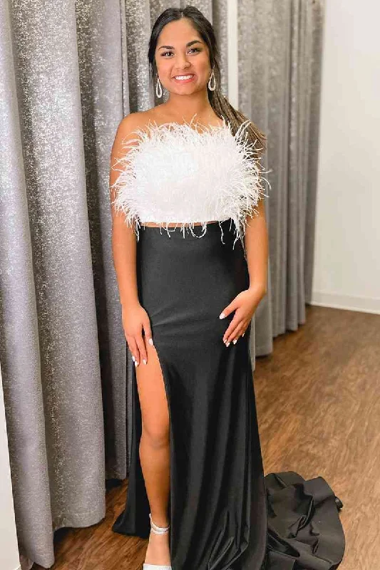 Strapless White Feathers Separated Long Prom Dress with Lace-Up Back Romantic Lace Dress