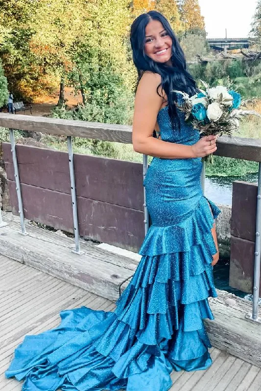Straps Beaded Ruffle Mermaid Prom Dress with Lace-up Back Lace Dress Fashion