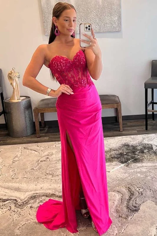Sweetheart Corset Lace Hot Pink Long Prom Dress with Slit Ruffled Lace Dress