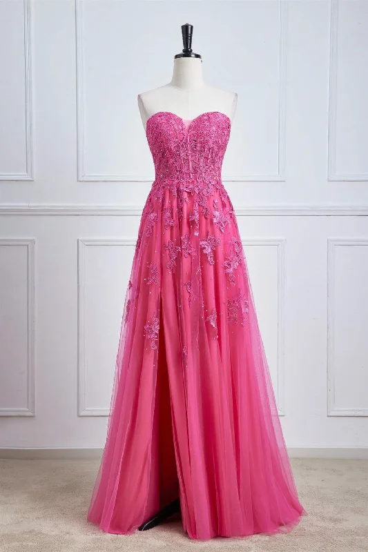 Sweetheart Hot Pink Lace Corset Prom Dress with Slit Lace Dress Style
