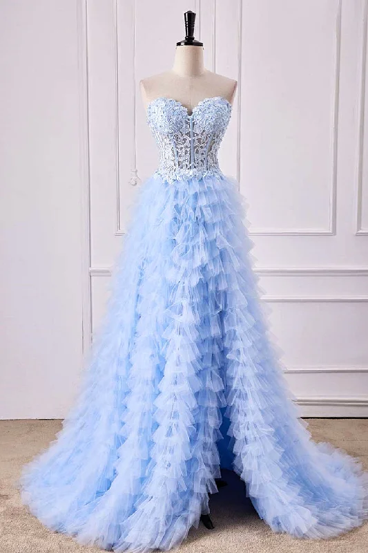 Sweetheart Light Blue Lace Corset Ruffle A-Line Prom Dress Lace Dress Formal