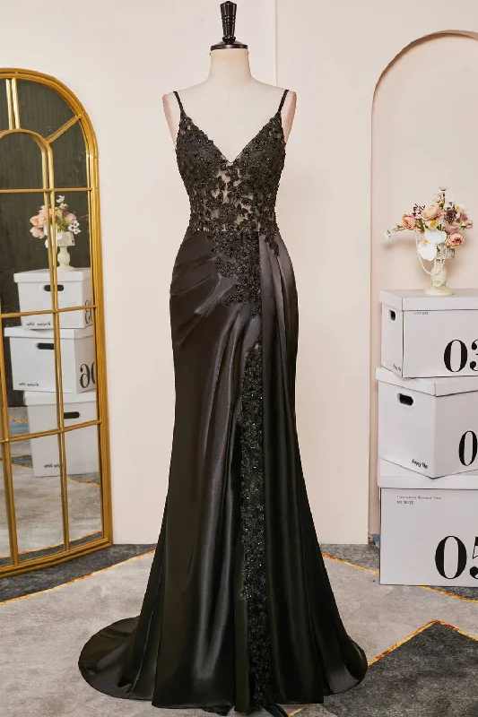 V-Neck Black Sheer Lace Corset Mermaid Prom Dress with Slit Classic Lace Dress