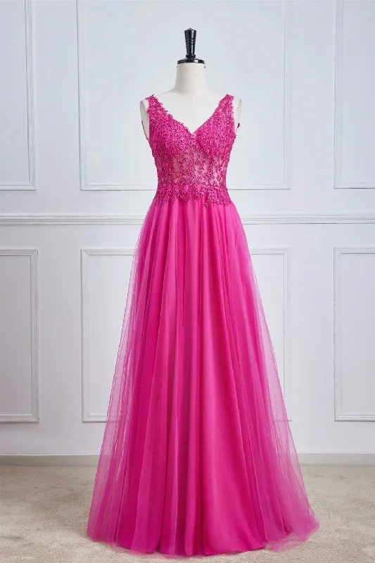 V-Neck Fuchsia Lace Appliques A-Line Formal Dress Lace Dress Shine